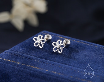 Forget me not Screw Back Earrings in Sterling Silver, Flower Barbell Earrings, Daisy Screw Back Earrings, Flower Screwback