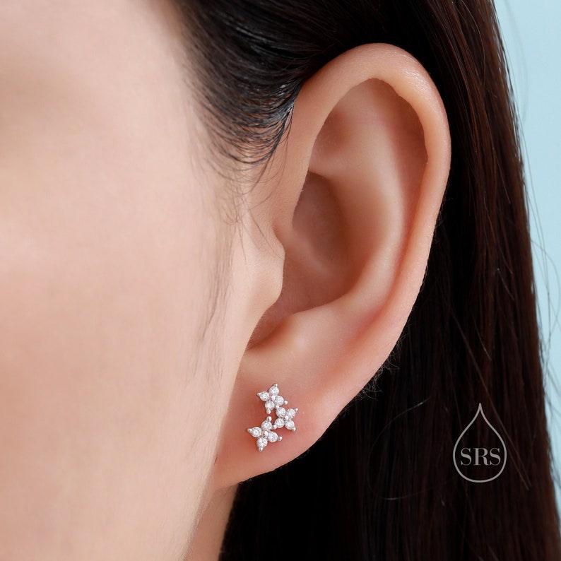 Tiny Hydrangea Bouquet CZ Stud Earrings in Sterling Silver, Silver, Gold or Rose Gold, Three CZ Flower Earrings, CZ Cluster Earrings image 1