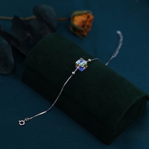 Sterling Silver Aurora Borealis AB Crystal Bracelet, Cube Crystal Bracelet, Sigle Crystal Cube Bracelet, Dainty and Delicate
