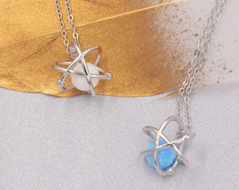 Sterling Silver Orbiting Atom Pendant Necklace with Lab Opal, White or Blue, Tiny and Delicate, Plant, Celestial, Space Jewellery