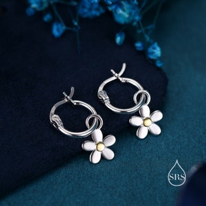 Daisy Dangle Drop Huggie Hoop in Sterling Silver, Partial Gold, Flower hoop Earrings, Forget Me Not Floral Earrings, 8mm Inner Diameter
