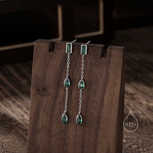 Smaragd Grün CZ Mismatched Marquise Baumeln Tropfen Ohrstecker in Sterling Silber, Silber oder Gold, Pear Cut und Baguette Ohrringe