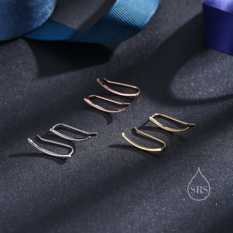 Orecchini crawler a barra curva minimalista in argento sterling, argento o oro o oro rosa, geometrici minimalisti, scalatori di orecchie a onda immagine 6