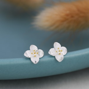 Dainty Dogwood Flower Stud Earrings in Sterling Silver, Two Tone Silver Dogwood Flower Earrings, Nature Inspired Earrings, Plant Earrings