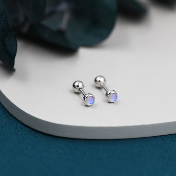 Moonstone Screw back Earrings in Sterling Silver, Bezel, Aurora Barbell Earrings, Screw back Crystal Dot Earrings, Piercing Jewellery