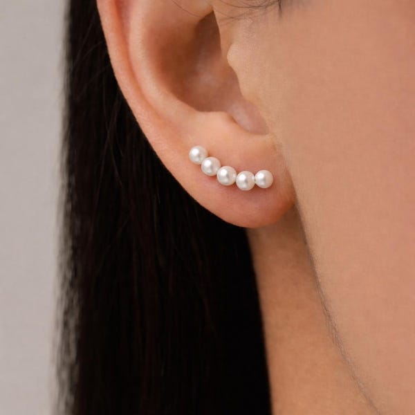 Orecchini a barra curva con perle d'acqua dolce autentiche in argento sterling, delicati orecchini a barra con perle Keshi, orecchini a bottone con sorriso di perle