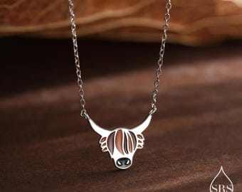 Sterling Silver Enamel Highland Cow Head Pendant Necklace, Silver or Gold Finish, Delicate Highland Cow Necklace, Scottish Jewellery