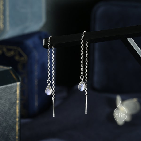 Sterling Silver Droplet Ear Threader Oorbellen, verkrijgbaar in 2 maten, Aurora Moonstone Drop Oorbellen, geometrische minimalistische sieraden