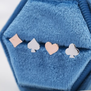 Card Suit Stud Earrings in Sterling Silver, Poker Set Earrings, Rose Gold, Spade Earring, Club Earring, Diamond Earring, Heart earring