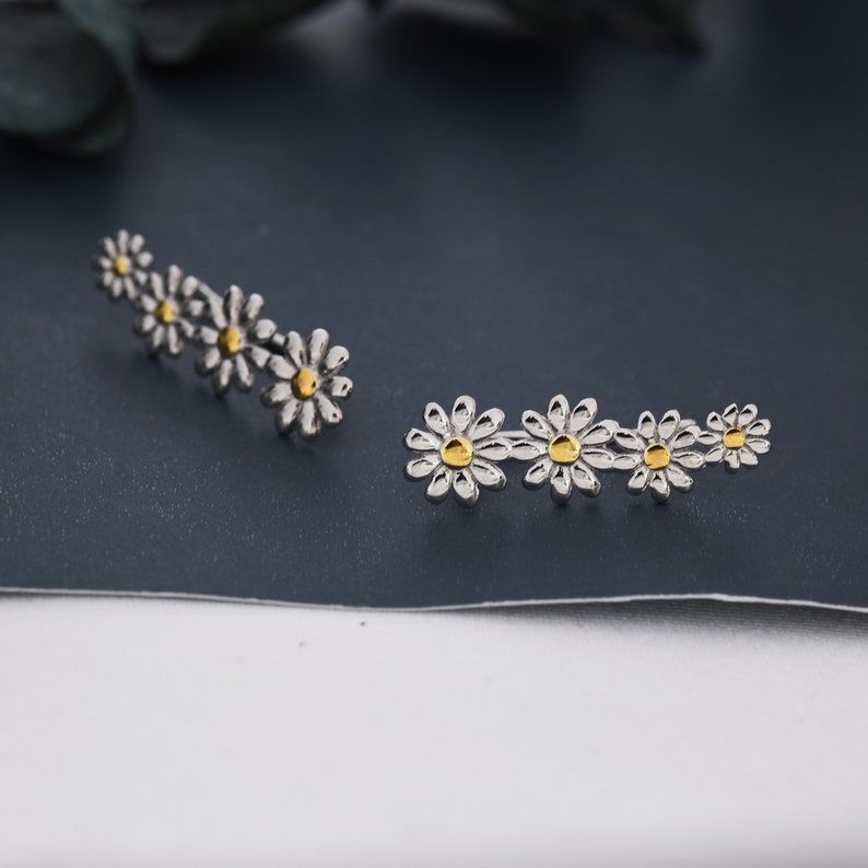 Daisy Flower Crawler Earrings in Sterling Silver, Two Tone Finish, Daisy Chain, Flower Earrings, Ear Climbers image 7