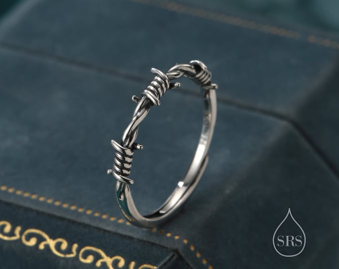 Barbed Wire Ring in Sterling Silver Oxidised Finish, Adjustable Size, Thorn Ring, Silver Thorn Ring