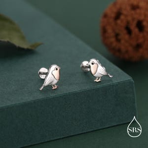 Puede incluir: Un par de pendientes de botón plateados con forma de pájaro, con un pecho rosa claro y un pequeño ojo negro. Los pendientes están sobre una superficie verde oscuro, con un objeto marrón borroso en el fondo. Cada pendiente tiene un poste y un respaldo redondo.