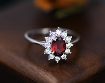 Genuine Garnet and CZ Halo Ring in Sterling Silver, Natural Garnet Stone Ring, Stacking Rings, US 5-8