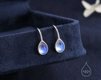 Moonstone Droplet Drop Hook Earrings in Sterling Silver, Droplet Opal Drop Earrings, Pear Shape Lab Moonstone Earrings, Moonstone Earrings