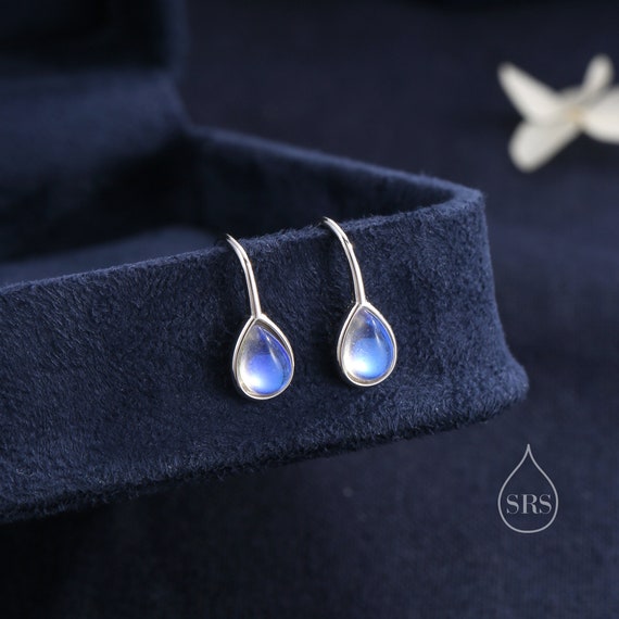 Moonstone Droplet Drop Hook Earrings in Sterling Silver