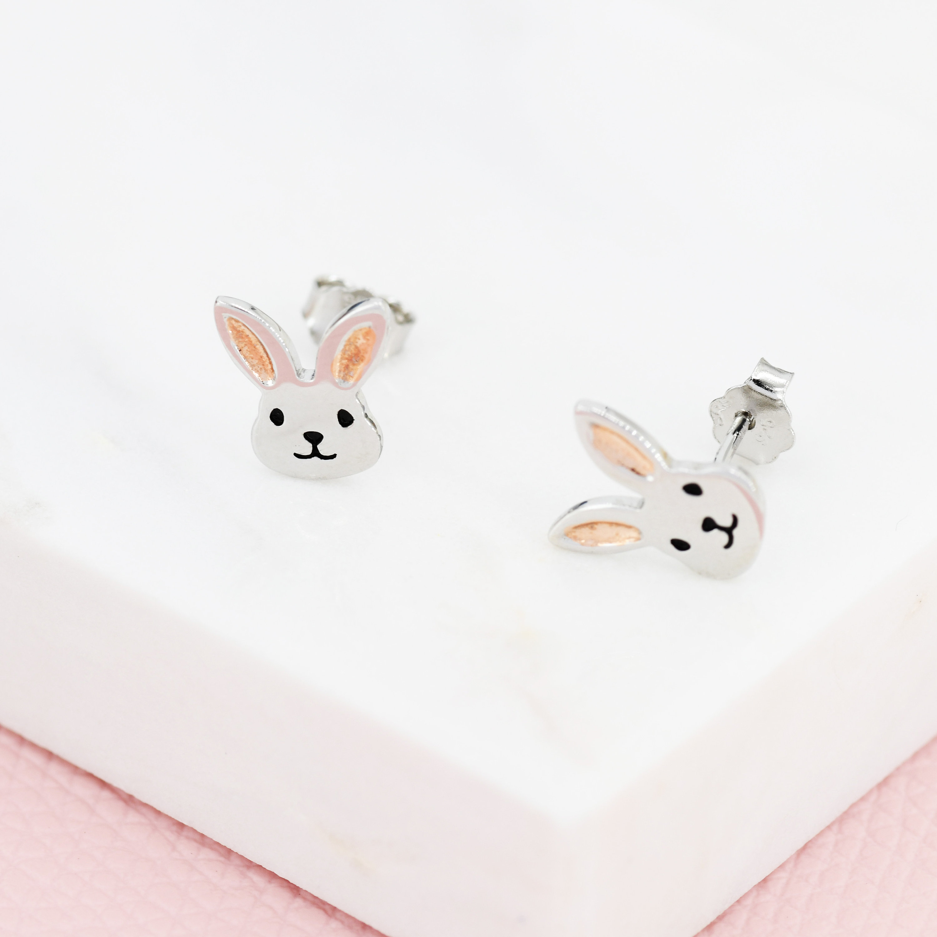 Cute Bunny Head Earrings in Sterling Silver Silver and Rose | Etsy UK