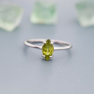 Genuine Green Peridot Crystal Ring in Sterling Silver, Natural Marquise Cut Peridot Stone Ring, Stacking Rings, US 5-8
