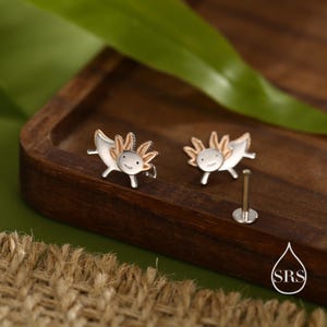 Tiny Axolotl Internally Threaded Flat Back/ Screw Back / Stud Earrings in Sterling Silver - Sea Creature Stud Earrings