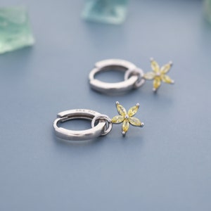 Citrine Yellow Flower CZ Huggie Hoop in Sterling Silver, Silver or Gold,  November Birthstone, Detachable and Interchangeable