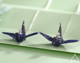 Japanese Paper Origami Crane Threader Earrings in Sterling Silver, Resin Sealed Genuine Japanese Washi Paper, Blue, Long Lasting Earrings