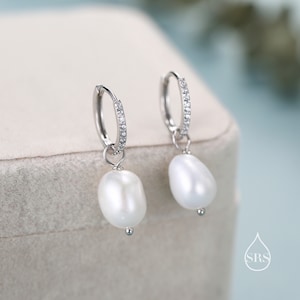 Pearl CZ Crystal Huggie Hoop Earrings in Sterling Silver, Detachable Pearl Charms, Silver or Gold, Genuine Freshwater Baroque Pearls