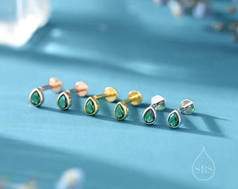 Emerald Green CZ Droplet 16G Internally Threaded Flat Back Earrings in Sterling Silver