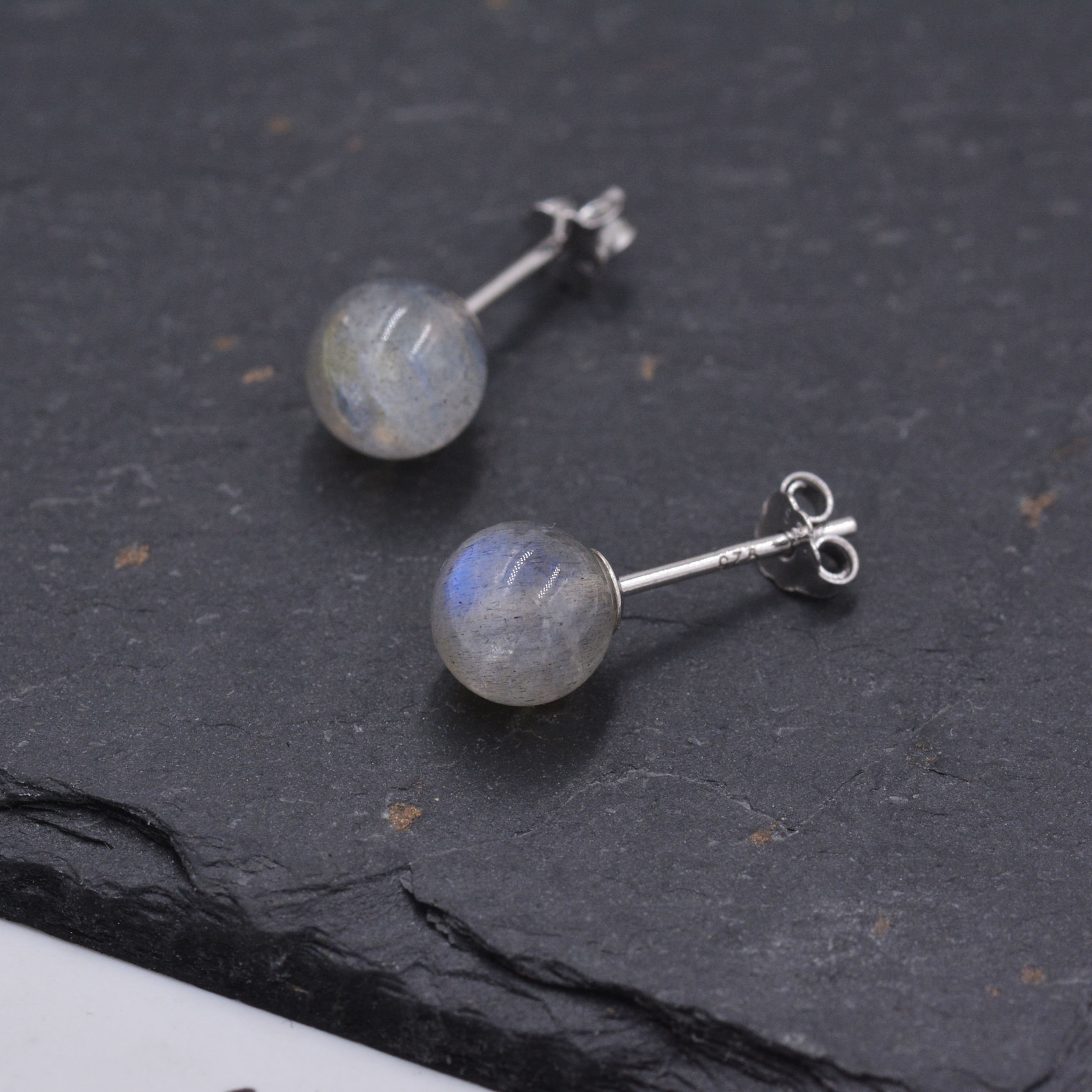 Grey Labradorite Gemstone Stud Earrings Simple Ball Earrings Etsy
