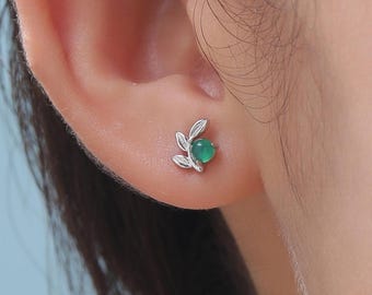Tiny Leaf with Natural Green Onyx Stud Earrings in Sterling Silver, Silver, Gold or Rose Gold, Small Olive Leaf Stud, Leaf Earrings