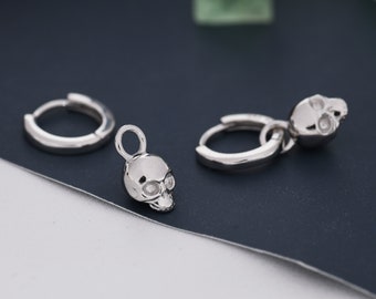 Sterling Silver Tiny Skull Hoop Earrings, 8mm Hoops, Detachable Charm Hoop Earrings, Silver or Gold,  Interchangeable