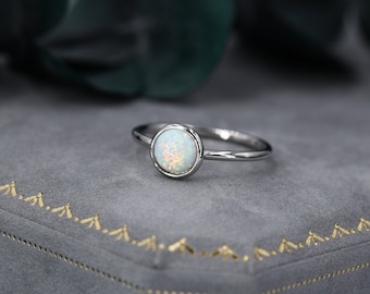 Sterling Silver Opal Ring,  US Size 5 6 7 8, Skinny Stacking Ring, White Opal, Midi Ring, Minimalist Geometric Ring