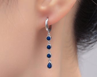 Sapphire Blue CZ Dangle Chain Huggie Hoop Earrings in Sterling Silver, Silver or Gold, CZ Drop Hoops,  Geometric Hoop Earrings