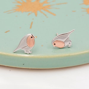 Robin Stud Earrings in Sterling Silver, Silver Bird Earrings, Silver and Rose Gold, Nature Inspired zdjęcie 3
