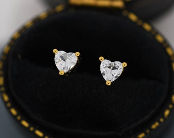 Tiny CZ Heart Stud Earrings in Sterling Silver, Silver or Gold,  Diamond CZ Crystal Heart Earrings, Stacking Earrings