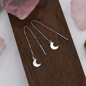 Sterling Silver Moon Ear Threaders, Silver, Delicate Moon Earrings, Minimalist Threader Earrings