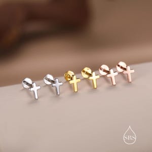 Tiny Cross  Internally Threaded Flat Back / Screw Back/ Stud Earrings in Sterling Silver, Silver or Gold or Rose Gold, Small Cross Earrings