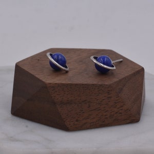 Sterling Silver 'Blue Planet' Saturn Planet Halo Stud Earrings with Lapis Lazuli Gemstone, Gold or Silver, Cute Fun Quirky Design image 6