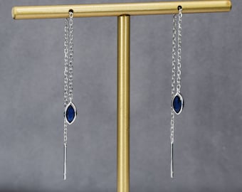 Tiny Sapphire Blue Marquise CZ Threader Earrings in Sterling Silver, Silver or Gold, Marquise Cut CZ Ear Threaders, Sparkly Threaders