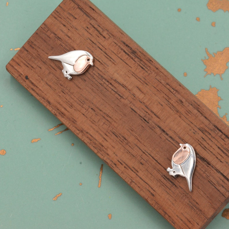 Robin Stud Earrings in Sterling Silver, Silver Bird Earrings, Silver and Rose Gold, Nature Inspired zdjęcie 6