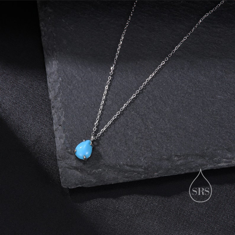 Genuine Blue Turquoise Pear Necklace in Sterling Silver, Droplet Cabochon Natural Turquoise Pendant Necklace image 3