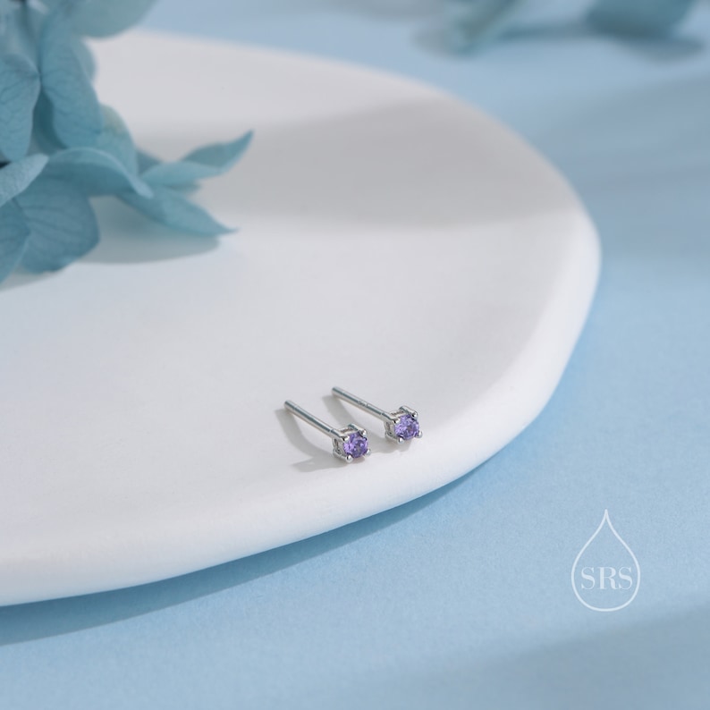 Extra Tiny 2mm Amethyst Purple CZ Stud Earrings in Sterling Silver, Silver or Gold, Barely Visible Stud Earrings, 2mm Purple Earrings image 2