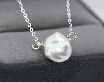 Baroque Pearl Necklace in Sterling Silver, Irregular Shape Keshi Pearl Necklace, Natural Freshwater Pearl Necklace