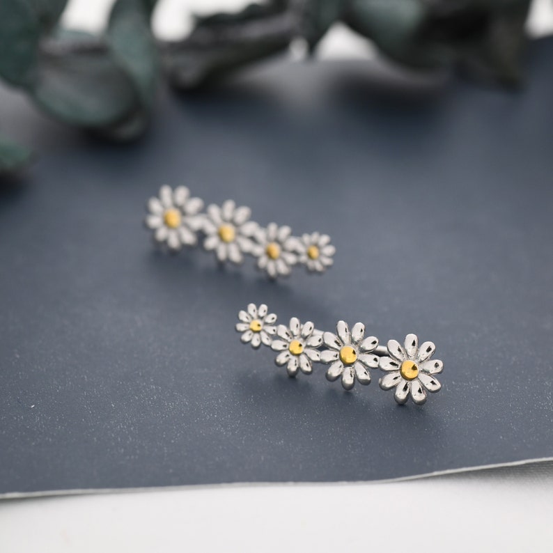 Daisy Flower Crawler Earrings in Sterling Silver, Two Tone Finish, Daisy Chain, Flower Earrings, Ear Climbers image 3