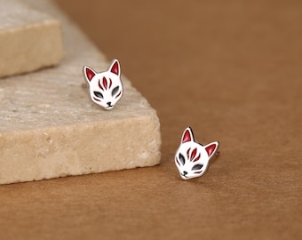 Sterling Silver Enamel Kitsune Fox Mask Stud Earrings