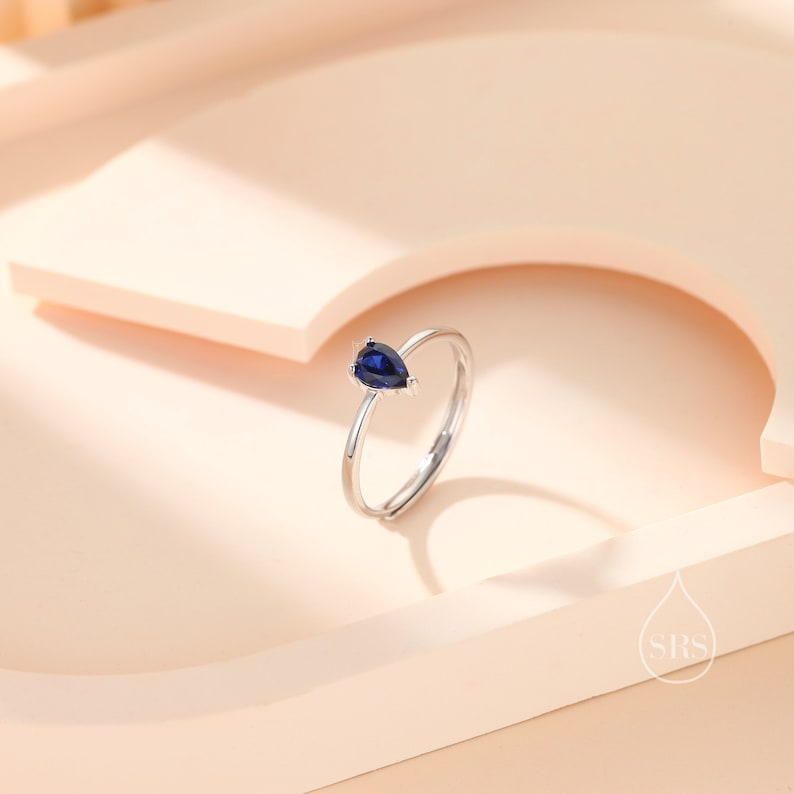 Created Blue Sapphire Droplet Ring in Sterling Silver, 4x6mm, Prong Set Pear Cut, Adjustable Size, Blue Corundum Ring, September Birthstone image 2