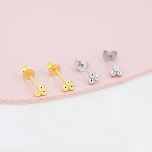 Extra Tiny Three Ball Stud Earrings in Sterling Silver, Gold or Silver, Very Small Earrings, Stacking Earrings