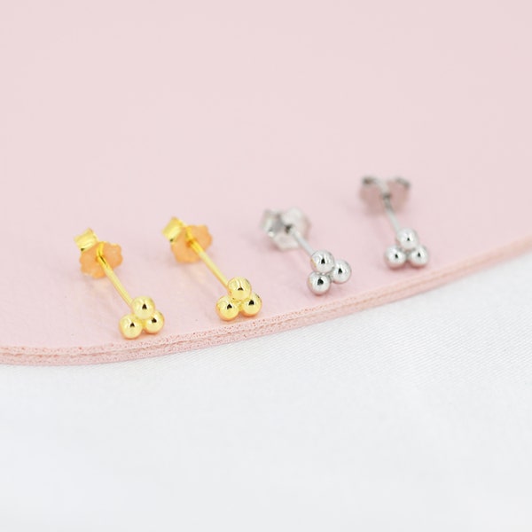 Extra Tiny Three Ball Stud Earrings in Sterling Silver, Gold or Silver, Very Small Earrings, Stacking Earrings