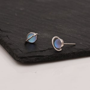 Little Planet Stud Earrings in Sterling Silver - Simulated Moonstone - Gold or Silver - Sold as a Pair - Cute, Fun, Whimsical and Pretty image 6