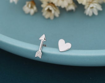 Mismatched Tiny Arrow and Heart Stud Earrings in Sterling Silver, Asymmetric Arrow and Heart Earrings