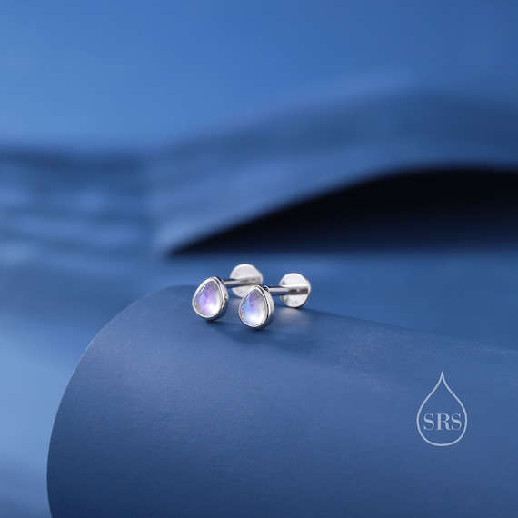 Moonstone Droplet Screw Back / Internally Threaded Flat Back / Stud Earrings in Sterling Silver, Silver or Gold or Rose Gold, Lab Moonstone