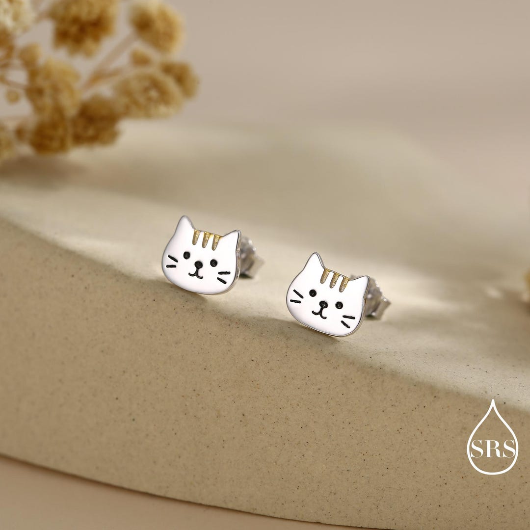 Orange Tabby Cat Stud Earrings in Sterling Silver, Cute Cat